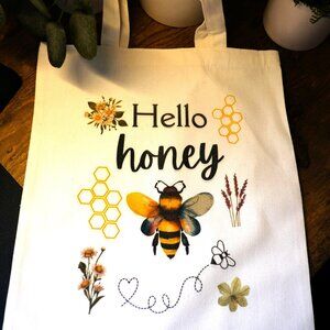 Canvas Tote Bag with Hello Honey, Bumble Bee and Flowers, Handmade, carry, books